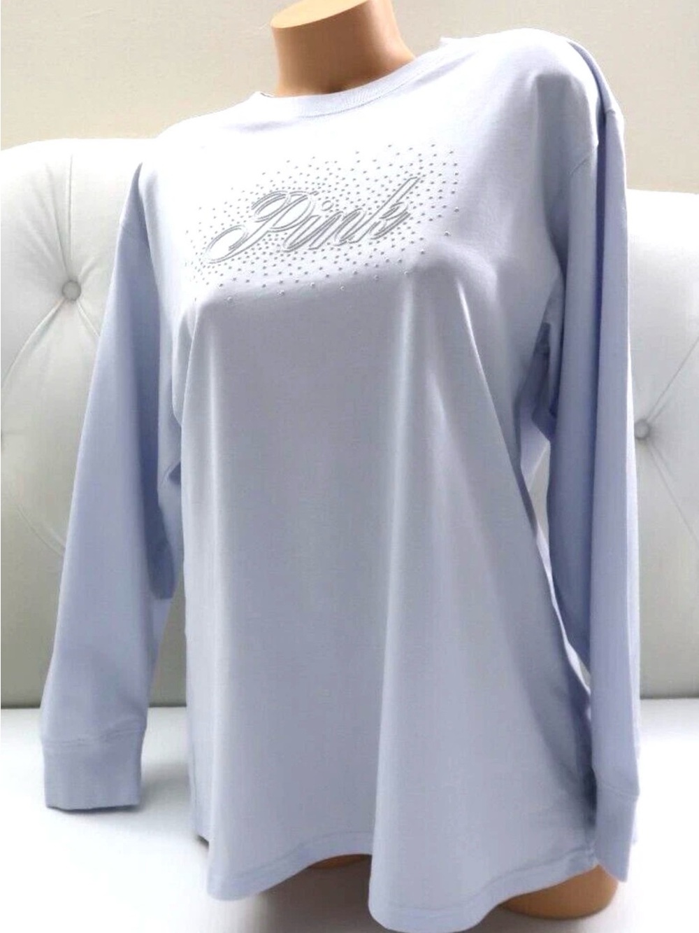 PINK Victoria's Secret Pale Blue Long Sleeve Rhinestone Logo Tee